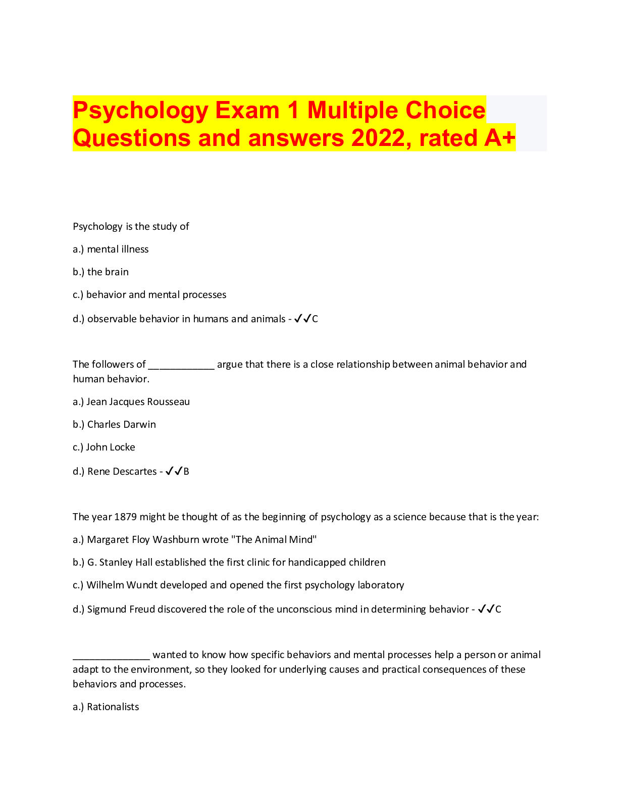 Psychology Exam 1 Multiple Choice Questions and answers 2022, rated A+